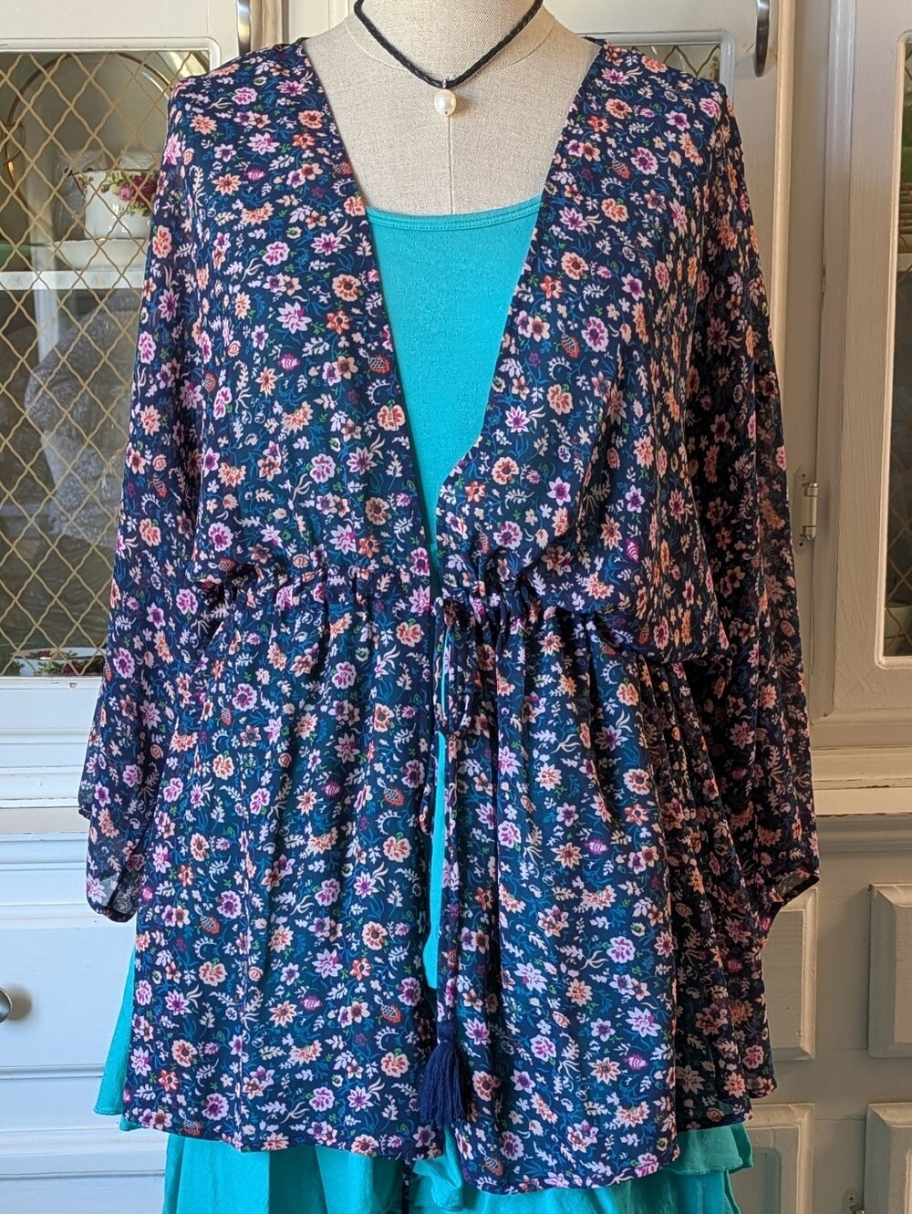 🍀LB Whimsy Floral Tie-Front Purple Navy Kimono Top  Pink White Blossoms Coverup